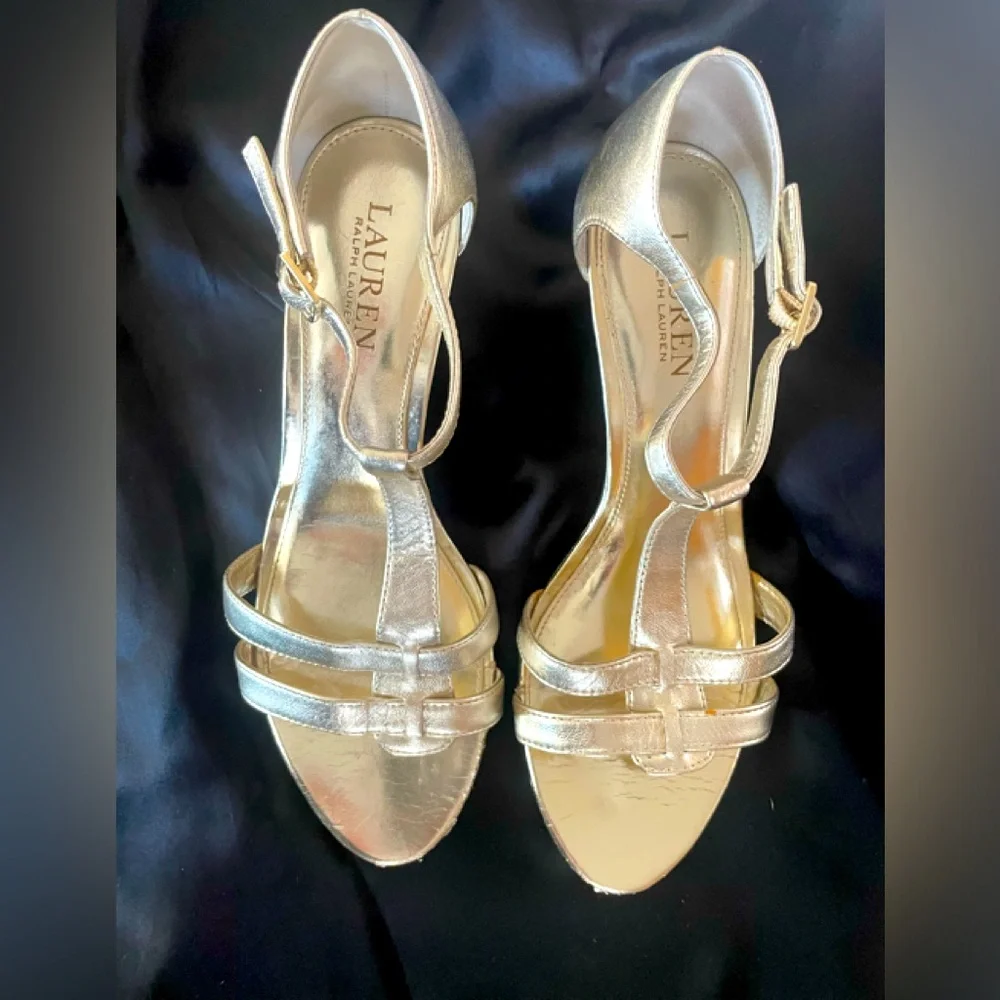 LAUREN RALPH LAUREN STRAPPY WEDGE METALLIC SANDALS SIZE 8.5 ANKLE BUCKLE CLOSURE